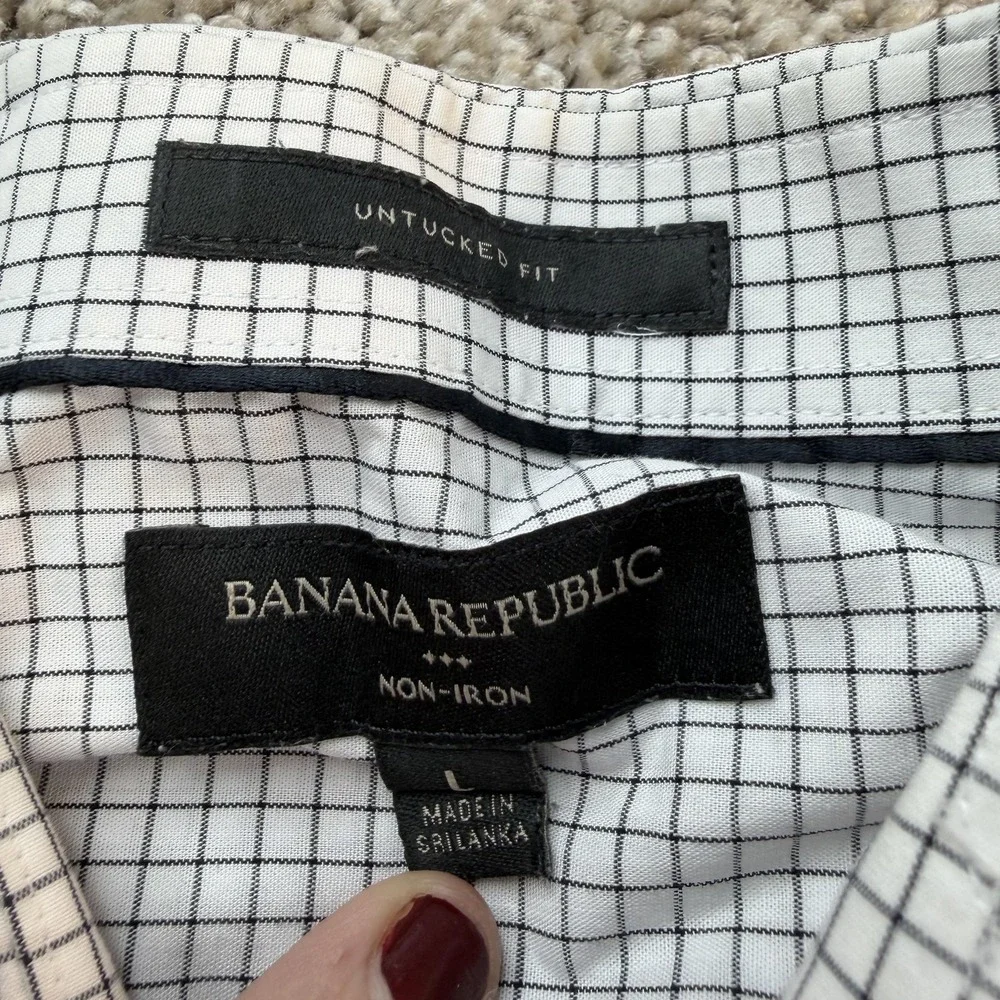 Banana Republic Dress Shirt Mens Large White Check Untucked Non Iron Long Sleeve